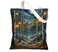 Lanterns Canvas Tote Bag for Women, Autumn Nature Leaves Birch Trees Autumn Blue Washable Reusable Aesthetic Tote Bags Ideas for Family Friends Colleagues Reading Loves 13x15 Inch