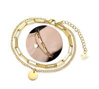 Lantine Gold Paperclip Link Chain Layered Bracelet Titanium Steel Round Disc Charm Bracelet with Cute Extension Chain Smile Face Heart End Gift for Women Friends Sister
