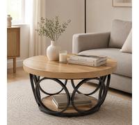 LANTINE Round Coffee Table, 80 cm Round Wooden Table, Farmhouse Large Round Living Room Table with 2 Levels Storage, Modern Simple Brown Tea Table (Wood Grain)