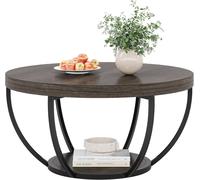 LANTINE Wooden Coffee Table, 2-Tier Round Central Cocktail Table with Shelves