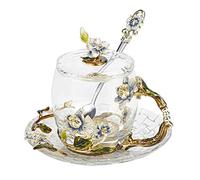 LANTREE Flower Glass Coffee Mug Tea Cup with Spoon Lead-Free Birthday for Female Valentines Day (330ml Jasmine)