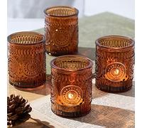 Lanttu Amber Votive Candle Holder Set of 12, Glass Tea Light Candle Holders for Home Table Centerpiece, Dinner Parties, Weddings Decor