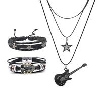 LANWLOSI 3 Pcs Emo Grunge Jewelry Set for Women Adjustable Black Star Guitar Leather Bracelet Layered Star Guitar Pendant Necklaces Y2k Punk Rock Style Outfits Jewelry Accessories, Alloy Steel, No