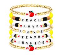 LANWLOSI 4 Set Teacher Appreciation Bracelets Gifts for Women Teach Inspire Letter Beaded Stretch Bracelets Wooden Polymer Clay Wristband Thank You Teacher Armlet Gifts from Student, L, Zinc, no