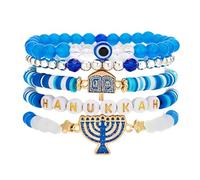 LANWLOSI 5 Pcs Hanukkah Bracelets for Women Star of David Menorah Dreidel Bracelet Stackable Evil Eye Clay Beaded Stretch Brace-lets Hanukkah Jewish Holiday Jewelry Gifts for Her, L, Zinc, no gemstone