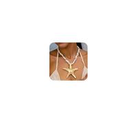 LANWLOSI Chunky Gold Starfish Necklace for Women Large Starfish Pendant Necklace Natural Stone Beaded Choker Summer Beach Sea Star Jewelry Accessories, Zinc, No Gemstone