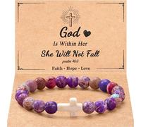 LANWLOSI Cross Beaded Bracelet for Women God Bless You Cross Bracelet Natural Stone Brac-elets Religious Catholic Christian Gifts for Daughter Granddaughter Sister Friends, L, Zinc, no gemstone