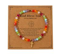 LANWLOSI Cross Beaded Bracelet for Women God Bless You Cross Bracelet Natural Stone Brac-elets Religious Catholic Christian Gifts for Daughter Granddaughter Sister Friends, L, Metal, Agate