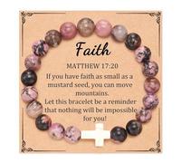 LANWLOSI Cross Beaded Bracelet for Women God Bless You Cross Bracelet Natural Stone Brac-elets Religious Catholic Christian Gifts for Daughter Granddaughter Sister Friends, L, Zinc, no gemstone