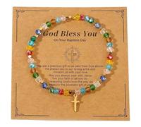 LANWLOSI Cross Beaded Bracelet for Women God Bless You Cross Bracelet Natural Stone Brac-elets Religious Catholic Christian Gifts for Daughter Granddaughter Sister Friends, L, Metal, Agate