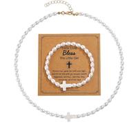 LANWLOSI First Communion Necklace and Bracelet Set for Women Baptism Confirmation Necklace Cross Pearl Bracelet Catholic 1st Communion Baptism Gifts for Daughter Granddaughter Niece Sister, L, Metal