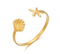 LANWLOSI Gold Starfish Shell Bracelet for Women Trendy Gold Sea Star Scallop Shell Cuff Bracelet Boho Starfish Seashell Bnagle Summer Beach Ocean Jewelry Accessories for Her, L, Zinc, no gemstone