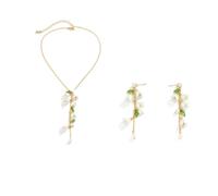 LANWLOSI Lily of the Valley Earrings and Necklace Set for Women Dangle Flower Leaf Earrings White Fairy Flower Necklace Lily of the Valley Jewelry Set Spring Flower Jewelry Accessories, Metal, No