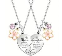 LANWLOSI Mother Daughter Necklaces for Women Mom and Daughter Heart Matching Necklaces Pink Flower Crystal Pendant Neck-lace Mother's Day Birthday Gift Jewelry Accessories for Mom Daughter, Zinc, No