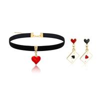 LANWLOSI Queen of Hearts Necklace Earrings Set for Women Red Heart Black Choker Dainty Playing Card Earrings Red Heart Ace Poker Card Earrings Queen of Hearts Jewelry Accessories for Her, Zinc, No