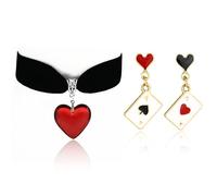 LANWLOSI Queen of Hearts Necklace Earrings Set for Women Red Heart Black Choker Dainty Playing Card Earrings Red Heart Ace Poker Card Earrings Queen of Hearts Jewelry Accessories for Her, Zinc, No