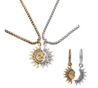 LANWLOSI Sun Moon Necklaces Earrings Set for Women Men Retro Sun and Moon Matching Pendant Necklaces Asymmetric Solar Lunar Hoop Earrings Unique Half Jewelry Gifts for Couple BFF, Zinc, No Gemstone