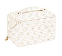 LANXINI Travel Makeup Bag, Large Capacity Cosmetic Bag with Compartments, Portable Open Flat Toiletry Pouch for Women with Handle, Wide-open Design Pouch for Skincare and Brushes, Light Beige Gold