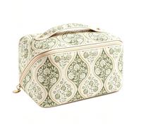 LANXINI Travel Makeup Bag, Large Capacity Cosmetic Bag with Compartments, Portable Open Flat Toiletry Pouch for Women with Handle, Wide-open Design Pouch for Skincare and Brushes, Olive Green Floral