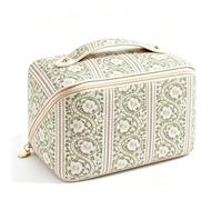 LANXINI Travel Makeup Bag, Large Capacity Cosmetic Bag with Compartments, Portable Open Flat Toiletry Pouch for Women with Handle, Wide-open Design Pouch for Skincare and Brushes, Pink Lotus Floral