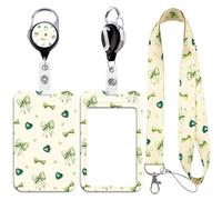 Lanyard Card Holder Set with Green Bow Design - Durable, Reusable Badge Holder with Neck Strap for ID Cards, Access Cards, Work Badges (3 in 1)