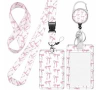 Lanyard, Fashionable Sliding Badge Holder with Cute Pattern, Lanyard with Card Holder Retractable ID Badge Holders Set Detachable for Teacher Office Nurse Student Use (Pink Bow)