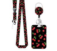 Lanyard for Id Card Badge Case Protector, Black and Red Cherry Plastic Card Holder，with Retractable Keychain, Detachable Lanyard, Suitable for Nurses, Teachers, Office Workers Occasions