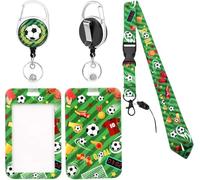 Lanyard for Id Card Badge Case Protector, Green Soccer Ball Plastic Card Holder，with Retractable Keychain, Detachable Lanyard, Suitable for Nurses, Teachers, Office Workers Occasions