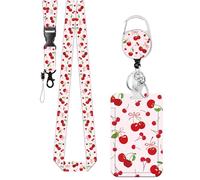 Lanyard for Id Card Badge Case Protector, Pink Cherry Plastic Card Holder，with Retractable Keychain, Detachable Lanyard, Suitable for Nurses, Teachers, Office Workers Occasions