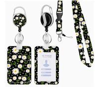 Lanyard for Id Card Badge Case Protector, Small Grass and Chrysanthemum Plastic Card Holder, with Retractable Keychain, Detachable Lanyard, Suitable for Nurses, Teachers, Office Workers Occasions