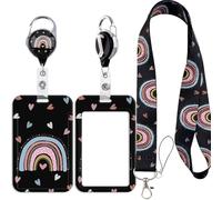 Lanyard for ID Card Badge Case Protector with Retractable Cord Heavy Duty Carabiner Keychain, Cute Rainbow Vertical ID Holder for Nurse Teacher Office Staff Cruising