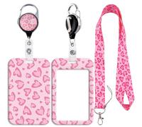 Lanyard for ID Card Badge Case Protector with Retractable Cord Heavy Duty Carabiner Keychain, Pink Heart Vertical ID Holder for Nurse Teacher Office Staff Cruising