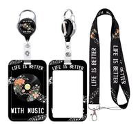 Lanyard for ID Card Music Note Badge Case Protector with Retractable Cord Heavy Duty Carabiner Keychain, Cute Disc Vertical ID Holder for Nurse Teacher Office Staff Cruising