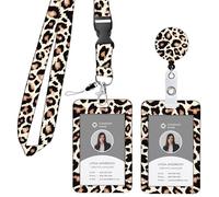 Lanyard with Card Holder, Retractable Badge Holder Reel Removable Id Card Holder Leopard Plastic Case Detachable Staff Lanyard Strap Vertical Card Clip Protector for Office Worker Teacher Student