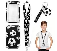 Lanyard with Card Holder, Soft Football Pattern Black Lanyard Comfortable Id Card Holders for Bus School Cruise Ship, with a Black Football Keyring