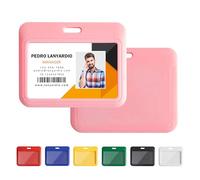 Lanyardio 1 Pack Sliding Horizontal ID Badge Holder Hard Pink Plastic Card Case Protector Pouch with Clear Window for Office School ID Credit Cards and Proximity Key Cards
