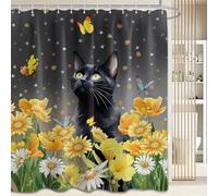 LanZanthic Black Cat Shower Curtains for Bathroom Yellow Floral Plant Butterfly Funny Wet Room Shower Curtain, Washable, Waterproof, Cloth Fabric, 180 x 180 cm