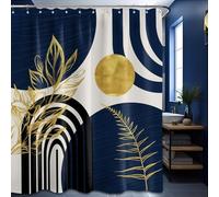 LanZanthic Blue and Gold Shower Curtains for Bathroom Dark Navy Blue Abstract Mid Century Modern Wet Room Shower Curtain with hooks, Mould Proof Resistant, Waterproof, Washable, Fabric, 180 x 180 cm