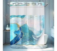 LanZanthic Marble Blue and Gold Hookless Shower Curtains for Bathroom Abstract Modern Wet Room Shower Curtain No Hooks, Mould Proof Resistant, Waterproof, Washable, Fabric, 71" W X 74" L