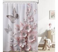 LanZanthic Pink Floral Shower Curtains for Bathroom Grey Butterfly Vintage Cherry Blossom Women Wet Room Shower Curtain, Washable, Waterproof, Cloth Fabric, 180 x 200 cm