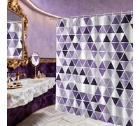 LanZanthic Purple and White Lavender Shower Curtains for Bathroom Mosaic Geometric Modern Abstract Wet Room Shower Curtain with hooks, Mould Proof Resistant, Waterproof, Washable, Fabric, 180 x 200 cm