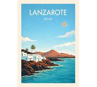 Lanzarote Spain Travel Poster, Vintage Style, Coastal Landscape, Retro Wall Art Print. Size A4