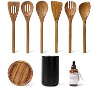Lanzo Design Kitchen Utensil Set, 8 pcs Wooden Cooking Utensils Spatula Set with Ceramic Holder (Black Holder)