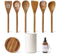 Lanzo Design Kitchen Utensil Set, 8 pcs Wooden Cooking Utensils Spatula Set with Ceramic Holder (White Holder)