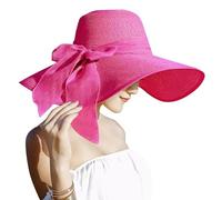 Lanzom Womens 5.5 Inches Big Bowknot Straw Hat Large Floppy Foldable Roll up Beach Cap Sun Hat UPF 50+, Rose, One Size