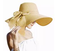 Lanzom Womens 5.5 Inches Big Bowknot Straw Hat Large Floppy Foldable Roll up Beach Cap Sun Hat UPF 50+ - yellow - One Size
