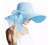 Lanzom Womens 5.5 Inches Big Bowknot Straw Hat Large Floppy Foldable Roll up Beach Cap Sun Hat UPF 50+, Sky Blue, One Size