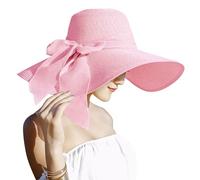 Lanzom Womens 5.7 Inches Big Bowknot Straw Hat Large Floppy Foldable Roll up Beach Cap Sun Hat UPF 50+, Pink, One Size
