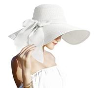 Lanzom Womens 5.7 Inches Big Bowknot Straw Hat Large Floppy Foldable Roll up Beach Cap Sun Hat UPF 50+, White, One Size