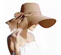 Lanzom Womens 5.7 Inches Big Bowknot Straw Hat Large Floppy Foldable Roll up Beach Cap Sun Hat UPF 50+, Khaki, One Size